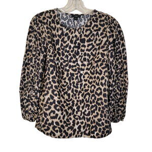 J. Crew Leopard Print Long Puff Sleeve Ruffle Detail Blouse Top Tan Black SZ XS